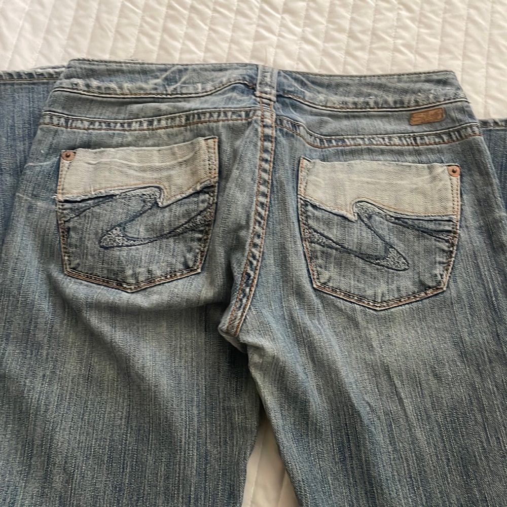 Silver, low rise, boot cut jean